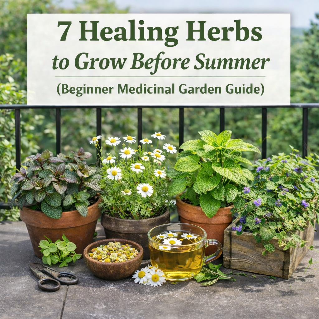 Healing herbs growing in pots on a balcony including chamomile, lemon balm, chocolate mint and ground ivy for a beginner medicinal herb garden.