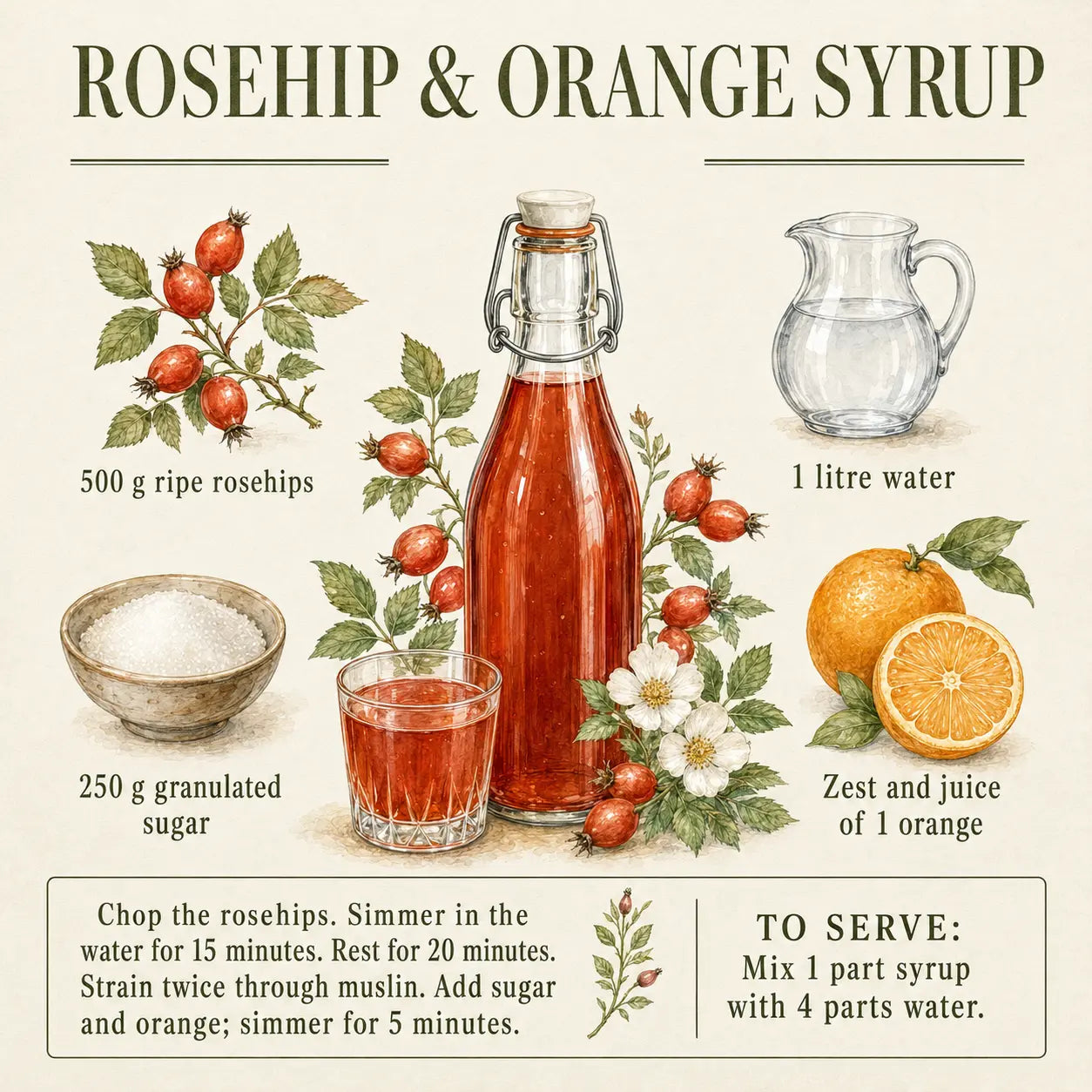 Rosehip & Orange Syrup Recipe botanical recipe illustration