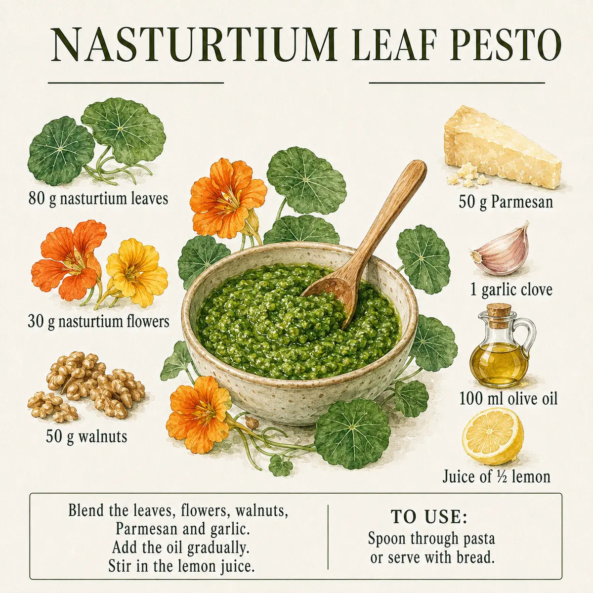 Nasturtium Leaf Pesto Recipe botanical recipe illustration