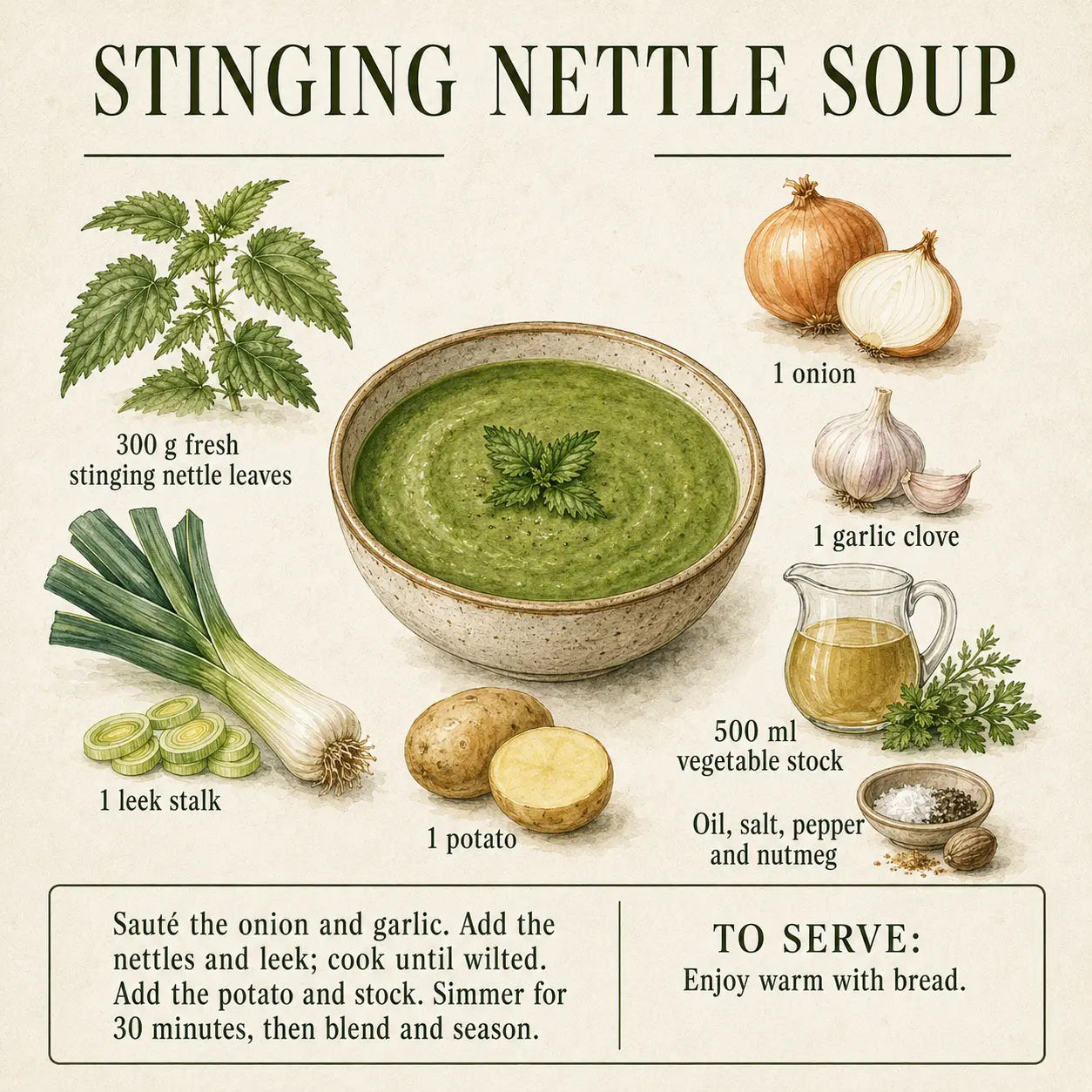 Stinging Nettle Soup Recipe botanical recipe illustration
